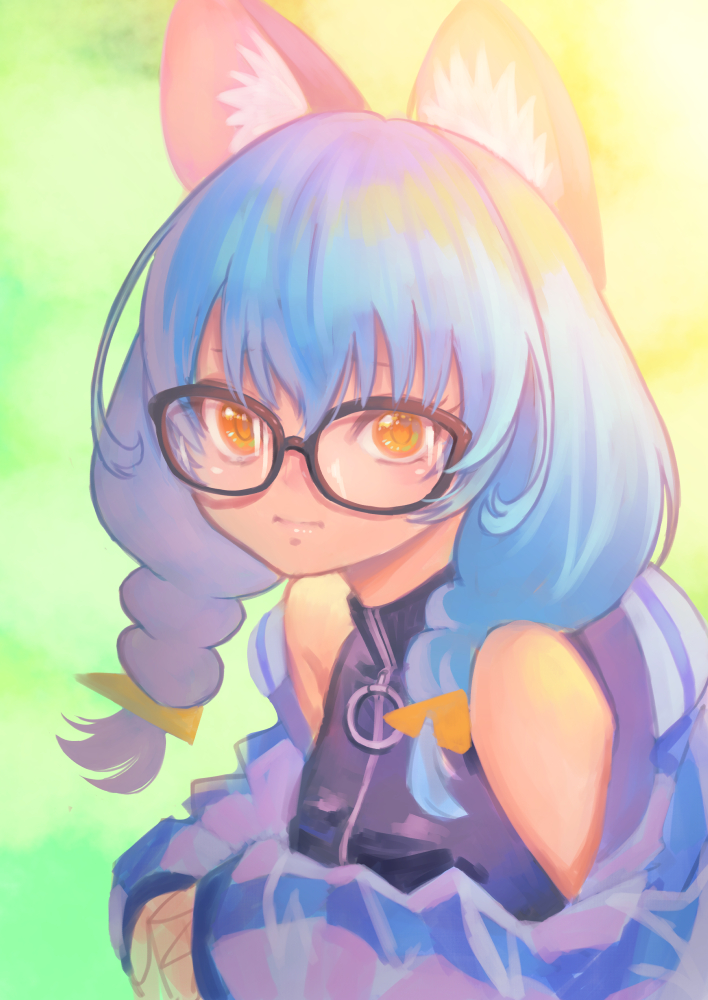1girl, animal_ears, bespectacled, black-framed_eyewear, black_shirt, blue_hair, blue_jacket, cat_ears