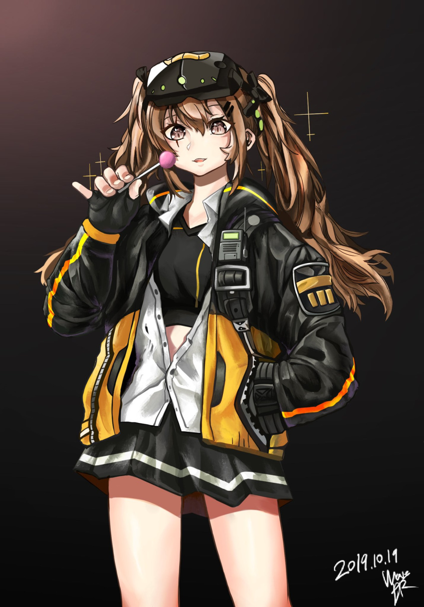 1girl, black_background, black_bra, black_gloves, black_jacket, black_ribbon, black_skirt, bra, brown_eyes, brown_hair, candy, cowboy_shot, fingerless_gloves, food, girls_frontline, gloves, goggles, goggles_on_head, hair_ornament, hair_ribbon, hairclip, hand_in_pocket, highres, holding, holding_lollipop, ingukoon, jacket, lollipop, long_hair, long_sleeves, mod3_(girls_frontline), open_clothes, partially_unbuttoned, pinky_out, ribbon, scar, scar_across_eye, shirt, skirt, solo, sparkle, sports_bra, standing, twintails, ump9_(girls_frontline), underwear, white_shirt, zipper