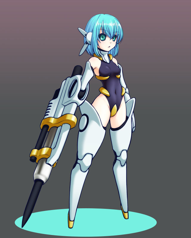 1girl, :<, asymmetrical_arms, bare_shoulders, black_sclera, blue_hair, breasts, commentary_request