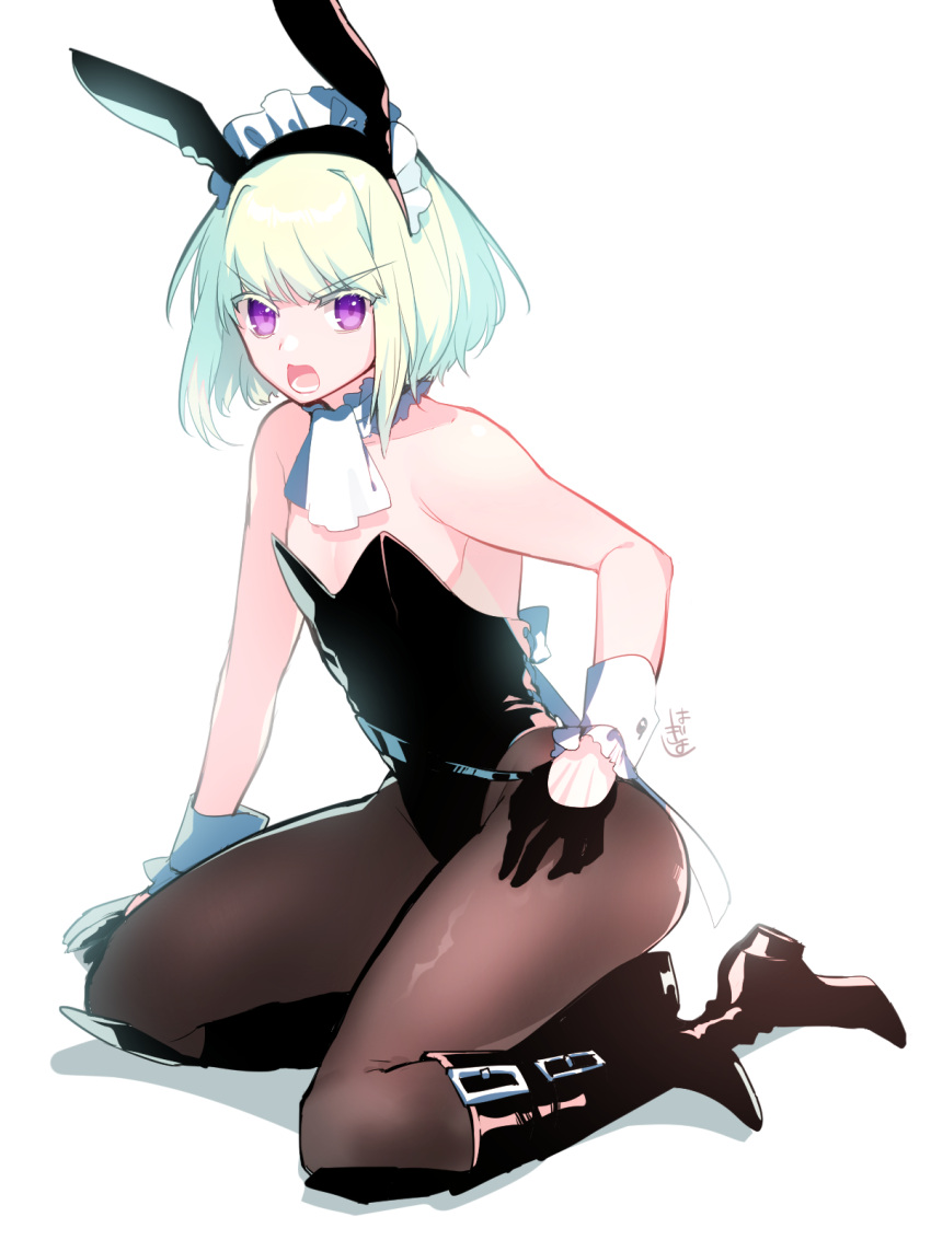 1girl, animal_ears, aqua_hair, bangs, bare_shoulders, black_gloves, black_legwear, boots, bunnysuit, crossdressinging, florists_daisy, gloves, high_heels, highres, lio_fotia, open_mouth, pantyhose, promare, rabbit_ears, short_hair, sitting, solo, teeth, violet_eyes, wrist_cuffs, yokozuwari