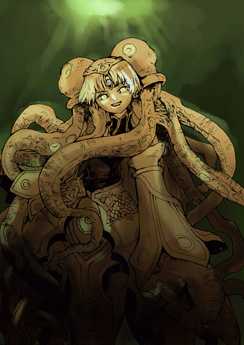 endaness, green_background, monochrome, sepia, spot_color, tentacles