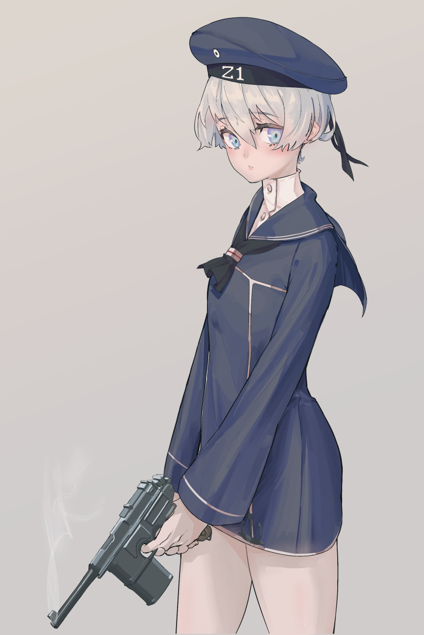 1girl, absurdres, blue_dress, blue_eyes, blue_headwear, clothes_writing, commentary_request, contrapposto