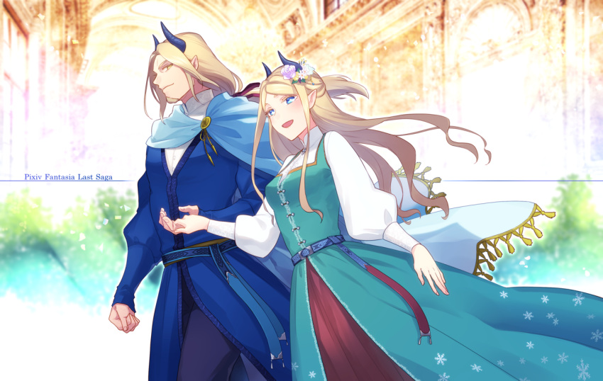 1boy, 1girl, blonde_hair, blue_cape, blue_dress, blue_eyes, blurry, blurry_background