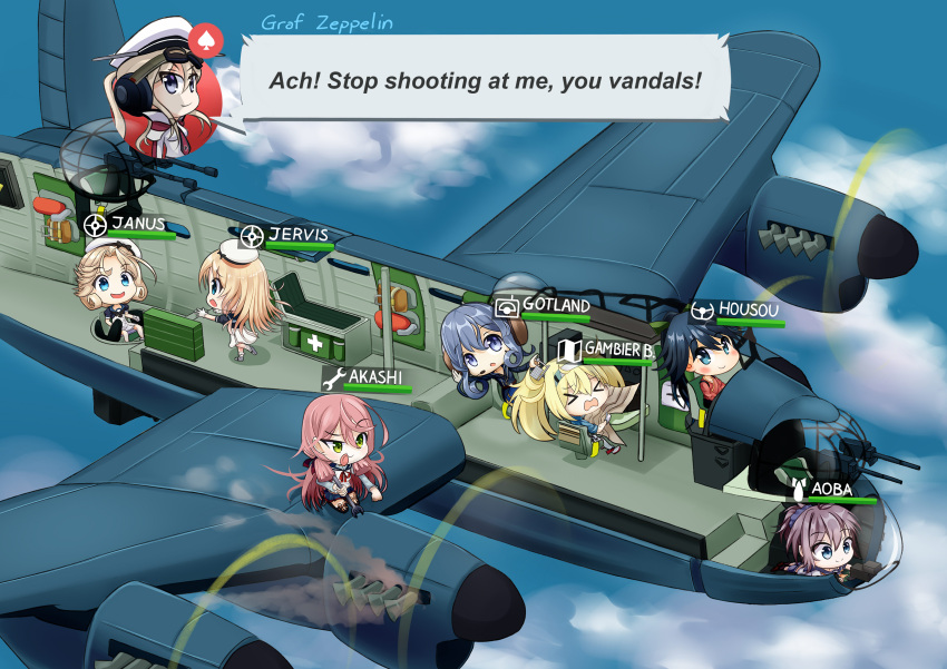 6+girls, aircraft, airplane, akashi_(kantai_collection), aoba_(kantai_collection), avro_lancaster, black_hair, blonde_hair, blue_hair, bomber_crew, character_name, clouds, commentary, english_commentary, english_text, gambier_bay_(kantai_collection), gotland_(kantai_collection), graf_zeppelin_(kantai_collection), highres, houshou_(kantai_collection), janus_(kantai_collection), jervis_(kantai_collection), kantai_collection, multiple_girls, parody, pink_hair, plane_interior, purple_hair, riding, roshi_chen