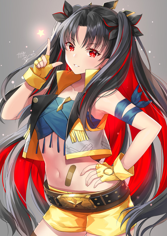 1girl, armpits, bandaid, bandaid_on_stomach, bangs, bare_shoulders, belt, black_belt, black_hair, black_ribbon, collarbone, commentary_request, cowboy_shot, crop_top, cropped_vest, eyebrows_visible_through_hair, fate/grand_order, fate_(series), fingerless_gloves, fringe_trim, gloves, grey_background, grey_vest, hair_ribbon, hand_on_hip, hand_up, index_finger_raised, ishtar_(fate/grand_order), kagachi_saku, long_hair, looking_at_viewer, midriff, multicolored_hair, navel, open_clothes, open_vest, parted_bangs, red_eyes, redhead, ribbon, short_shorts, shorts, signature, smile, solo, tiara, two-tone_hair, two_side_up, very_long_hair, vest, yellow_gloves, yellow_shorts