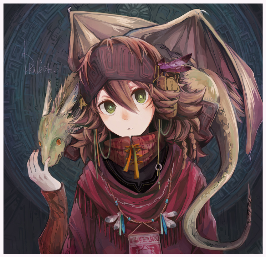 1girl, braid, brown_hair, carrying, commentary, dragon, feathers, fingernails, fringe_trim, green_eyes, hair_ornament, hand_up, headband, highres, horns, jewelry, kamura_gimi, long_sleeves, looking_at_viewer, medium_hair, necklace, original, red_shirt, ringed_eyes, shirt, shoulder_carry, tail, upper_body, wings