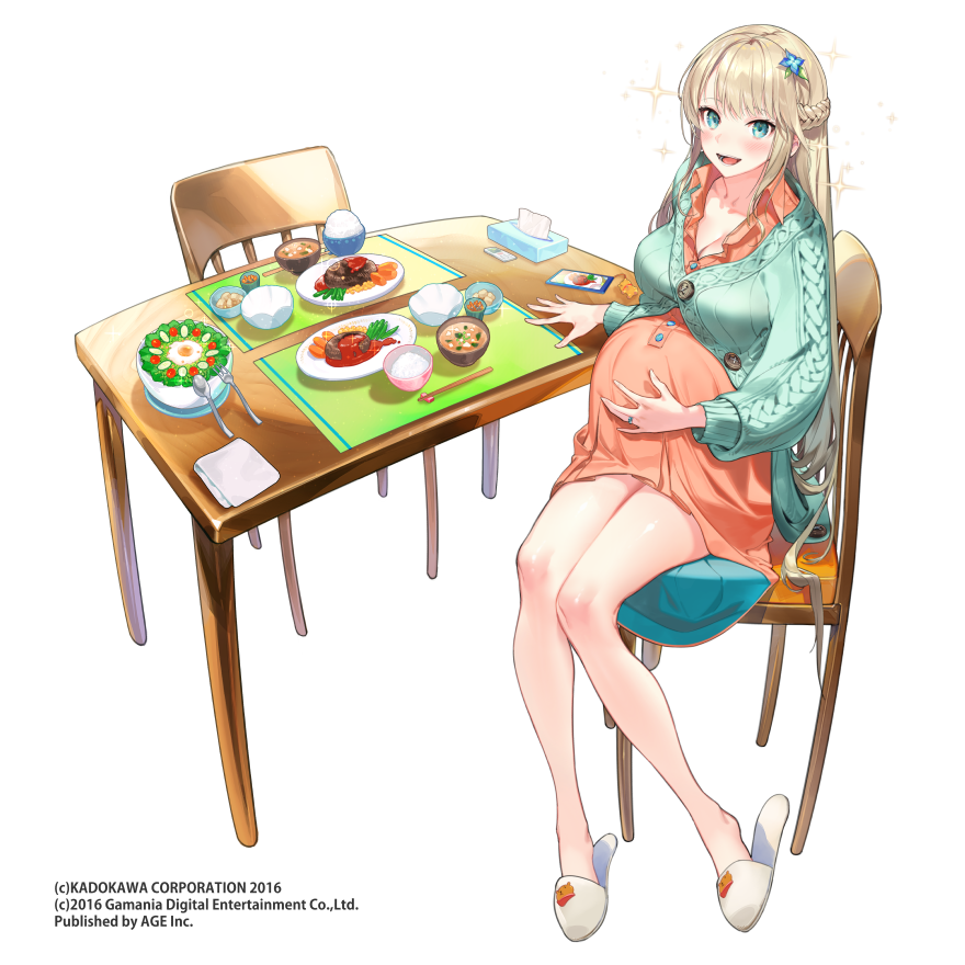 1girl, bangs, bare_legs, belly, blonde_hair, blue_eyes, blush, bowl