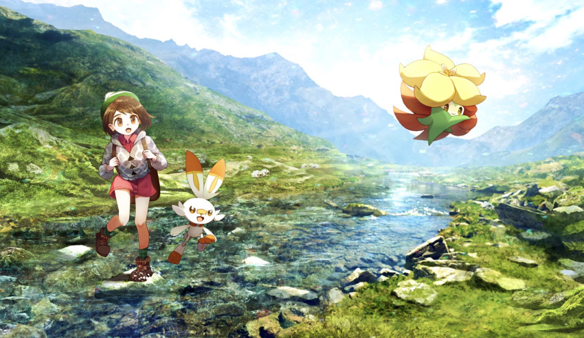 1girl, ankle_boots, backpack, bag, boots, brown_hair, clouds, commentary