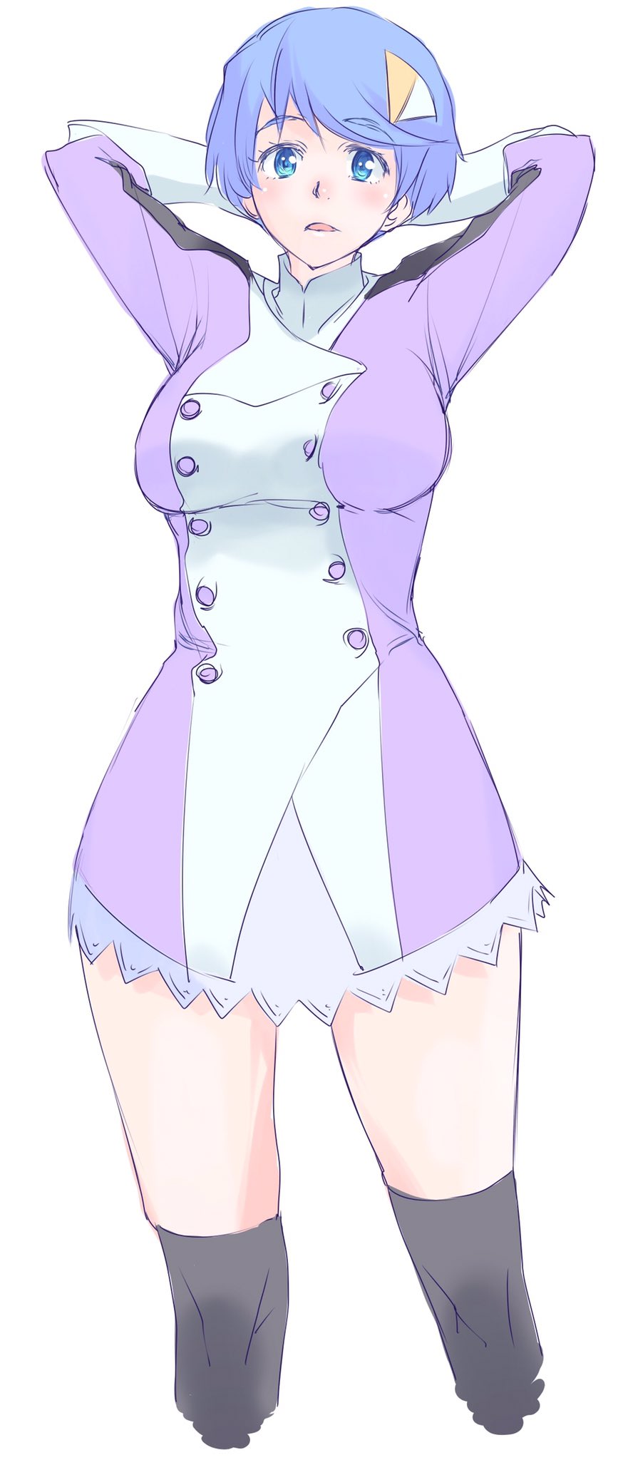 arms_behind_head, arms_up, black_legwear, blue_eyes, blue_hair, breasts, hair_ornament, highres