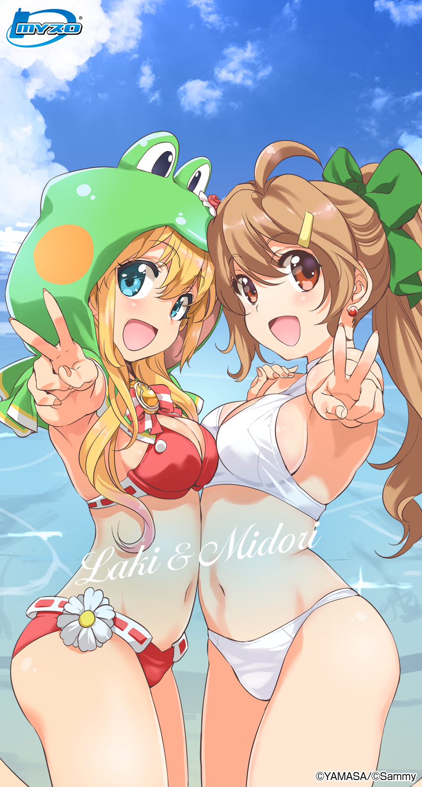 2girls, armpits, bikini, blonde_hair, blue_eyes, bow, bowtie, breasts