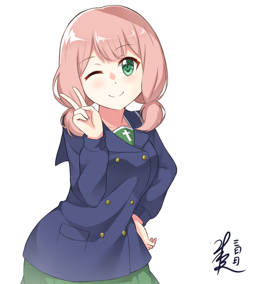 1girl, artist_name, bang_dream!, bangs, blue_coat, closed_mouth, contrapposto, eyebrows_visible_through_hair, far_is_a, girls_und_panzer, green_eyes, green_skirt, hand_on_hip, head_tilt, highres, long_hair, long_sleeves, looking_at_viewer, low_twintails, medium_hair, one_eye_closed, ooarai_school_uniform, pink_hair, school_uniform, signature, simple_background, skirt, smile, solo, standing, twintails, uehara_himari, v, white_background, winter_uniform