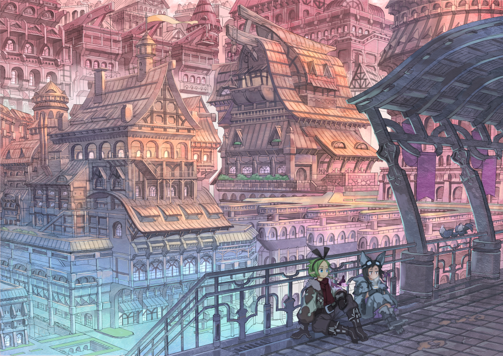 2girls, animal_hat, architecture, arm_support, banner, belt, bird, black_hair, blue_eyes, boots, bow, braid, brown_eyes, bush, city, cityscape, colorful, commentary, drink, east_asian_architecture, elf, fantasy, gloves, goggles, goggles_on_headwear, green_hair, hair_bow, hairband, hat, long_hair, multicolored_hair, multiple_girls, nagi_itsuki, original, pointy_ears, railing, robe, scenery, single_braid, sitting, smile, stairs, steam, sunrise