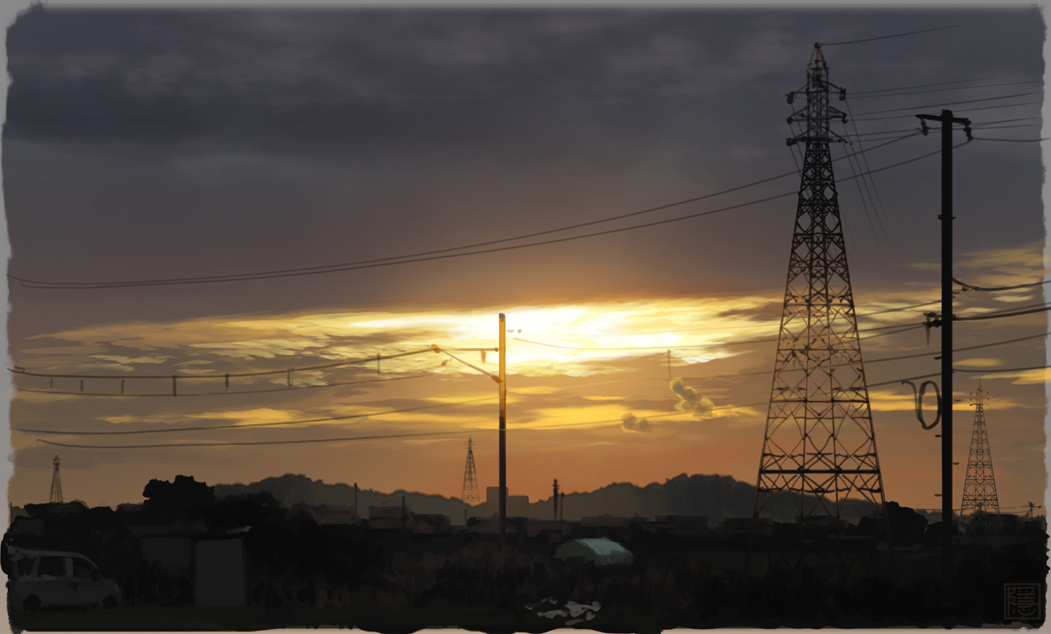 blurry, border, clouds, commentary, dark, depth_of_field, ground_vehicle, hill, motor_vehicle, no_humans, original, power_lines, rural, scenery, signature, sky, sunlight, sunset, telephone_pole, town, twilight, van, yk_funa