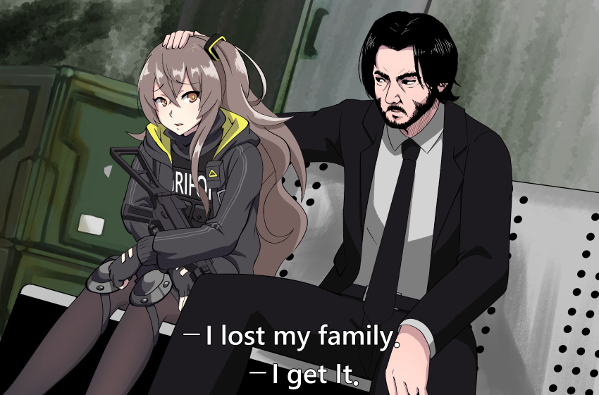 1boy, 1girl, absurdres, allgreen, beard, black_gloves, black_hair, black_jacket, black_legwear, black_neckwear, collared_shirt, crossover, english_text, eyebrows_visible_through_hair, facial_hair, girls_frontline, gloves, grey_hair, h&amp;k_ump45, hair_between_eyes, hand_on_another's_head, highres, jacket, john_wick, keanu_reeves, long_hair, long_sleeves, necktie, nose, pants, pantyhose, shirt, sitting, ump45_(girls_frontline)