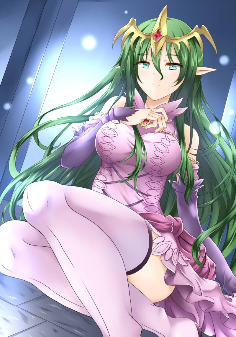 1girl, adult, closed_mouth, dragon_girl, dress, elf, fire_emblem, fire_emblem:_mystery_of_the_emblem, fire_emblem:_shadow_dragon, green_eyes, green_hair, intelligent_systems, kei_(asufend), long_hair, manakete, mother, nagi_(fire_emblem), nintendo, pink_dress, pointy_ears, sitting, solo, thigh-highs, tiara