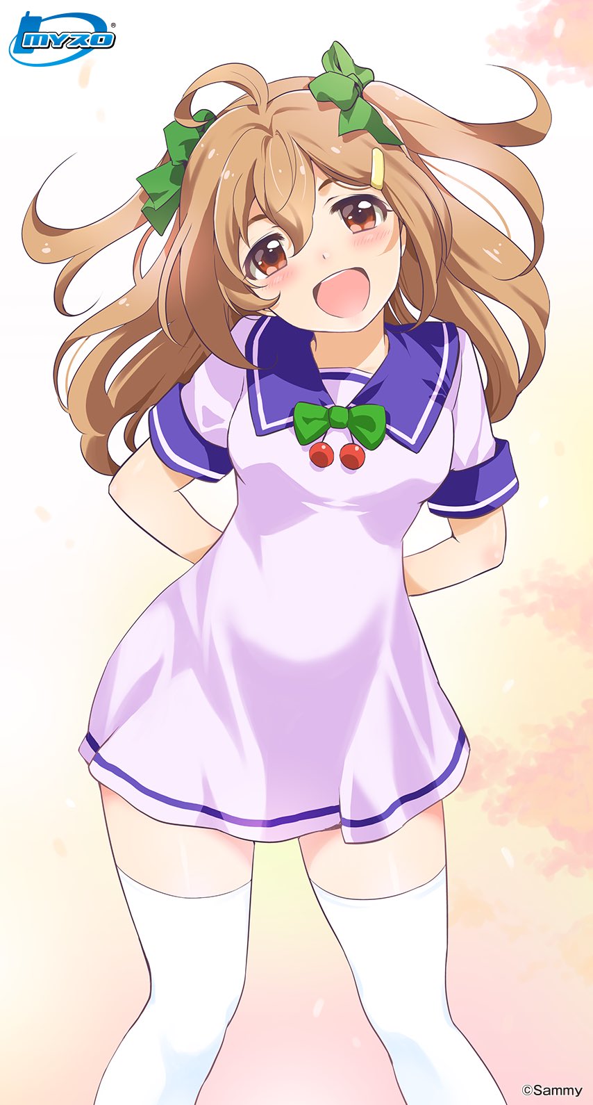 1girl, ahoge, bow, bowtie, brown_eyes, brown_hair, dress, green_bow