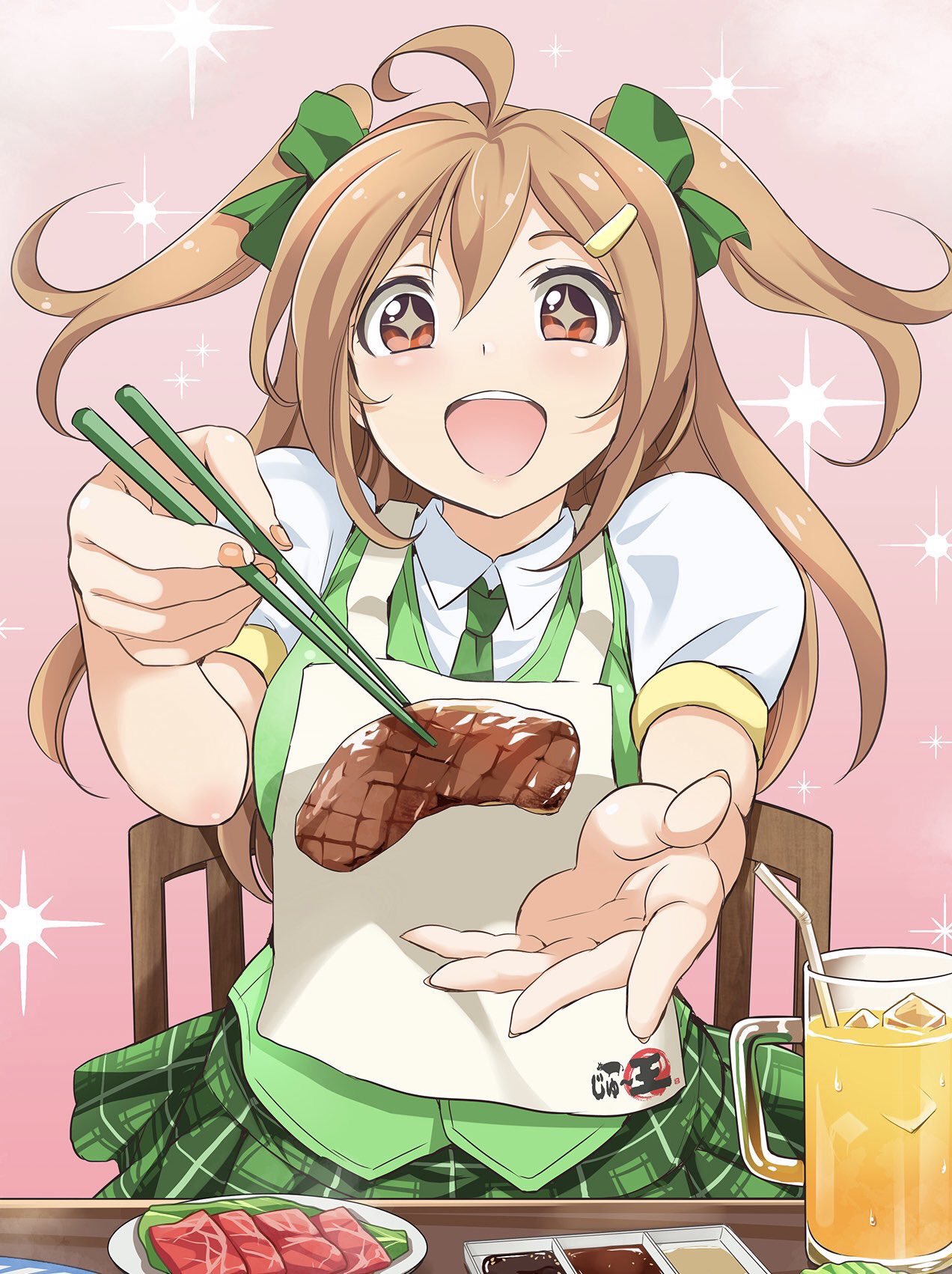 1girl, ahoge, apron, bow, brown_eyes, brown_hair, chair, chopsticks