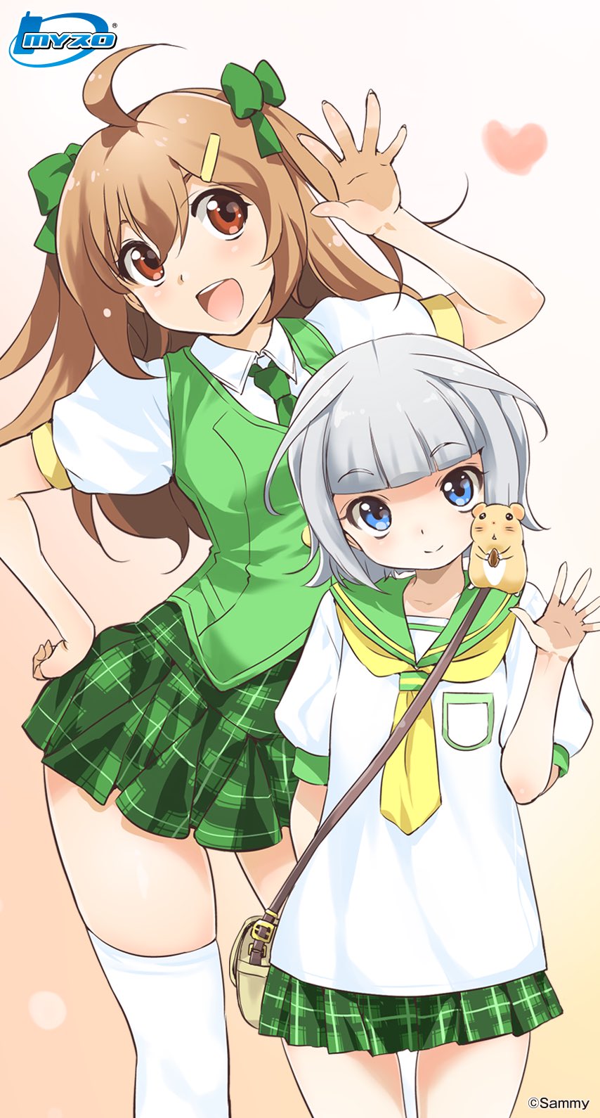 2girls, ahoge, bag, blue_eyes, bow, brown_eyes, brown_hair, green_bow