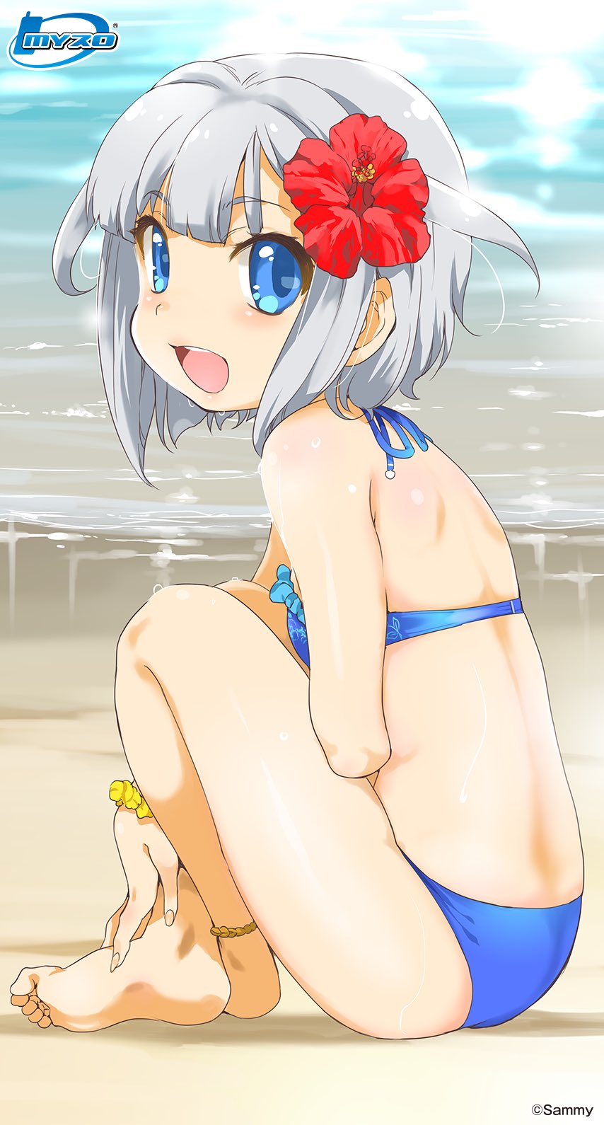 1girl, anklet, back, barefoot, beach, bikini, blue_bikini, breasts