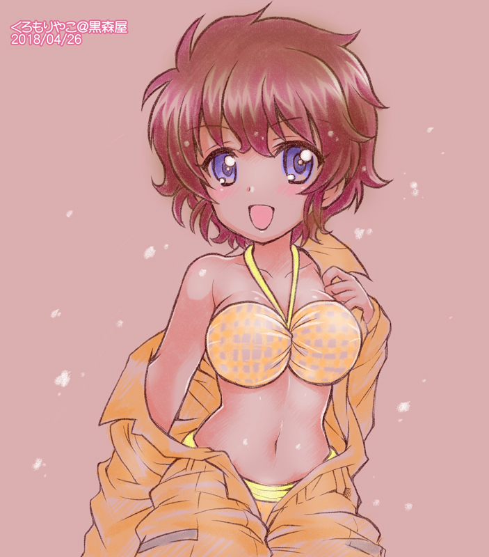 1girl, :d, artist_name, bangs, bikini, blue_eyes, breasts, brown_background
