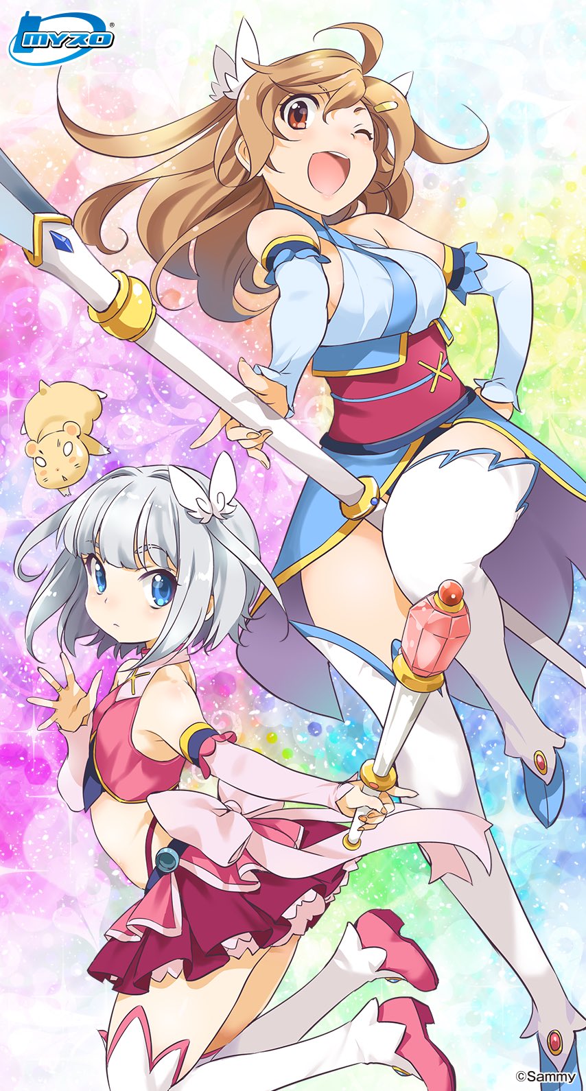 2girls, blue_eyes, brown_eyes, brown_hair, hair_ornament, hairclip, hamster, highres