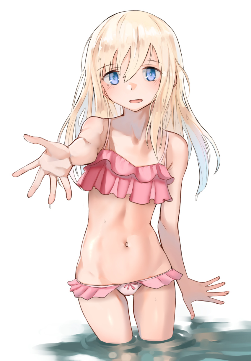 1girl, alternate_costume, bikini, blonde_hair, blue_eyes, commentary_request, cowboy_shot, foreshortening