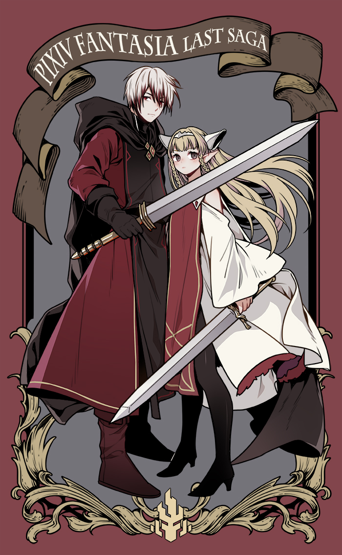 1boy, 1girl, bare_shoulders, black_cape, black_eyes, black_gloves, blonde_hair, blush