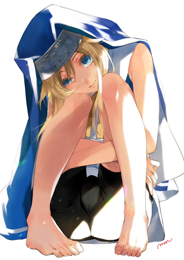 1boy, barefoot, blonde_hair, bridget_(guilty_gear), bulge, closed_mouth, eyebrows_visible_through_hair, guilty_gear