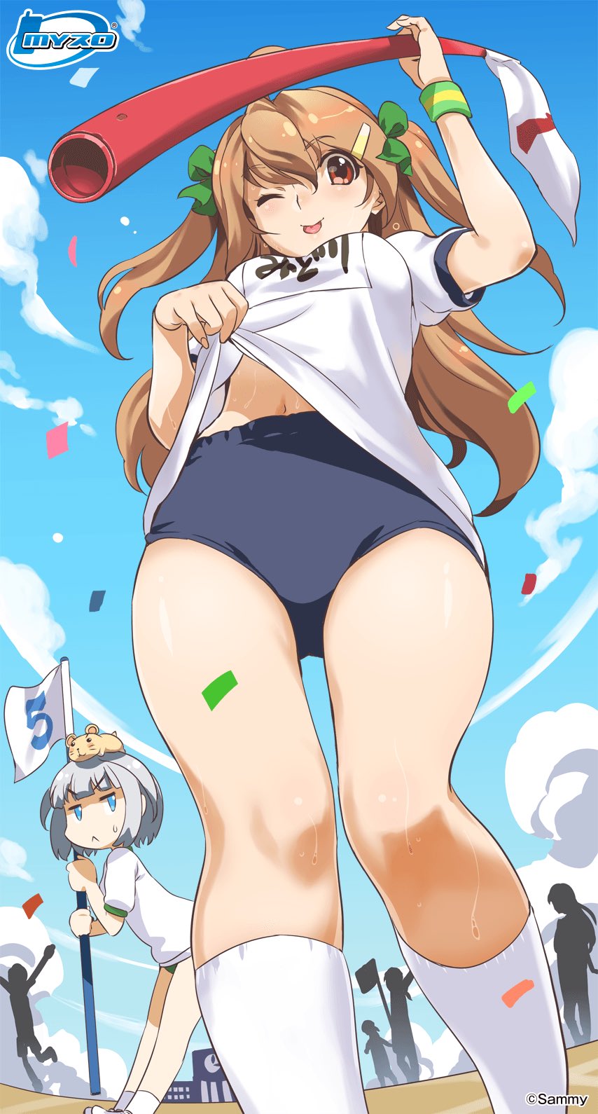 2girls, ;p, blue_buruma, blue_eyes, bow, brown_eyes, brown_hair, buruma
