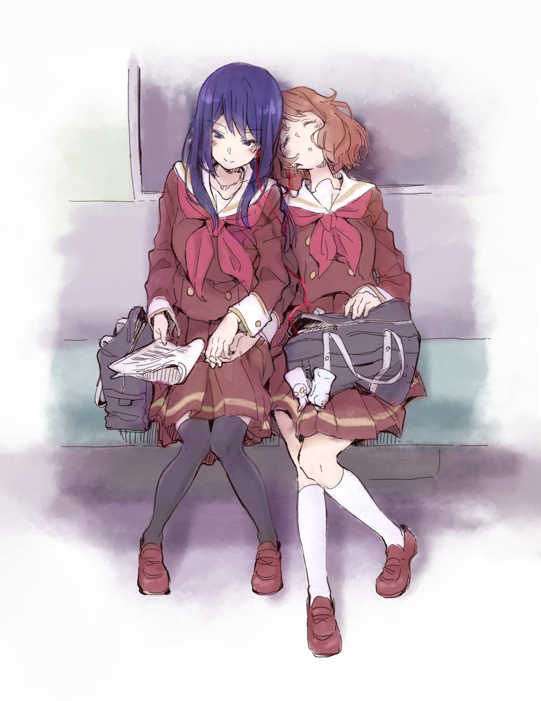 2girls, bag, black_hair, black_legwear, brown_hair, brown_serafuku, earphones, hibike!_euphonium