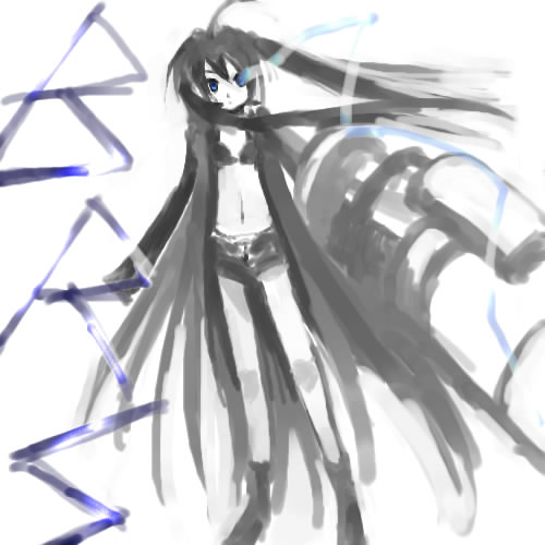 black&acirc;&tilde;&hellip;rock_shooter, black_hair, black_rock_shooter, black_rock_shooter_(character), blue_eyes, fujikawa_sakuya, lowres, midriff, navel, solo, twintails, weapon