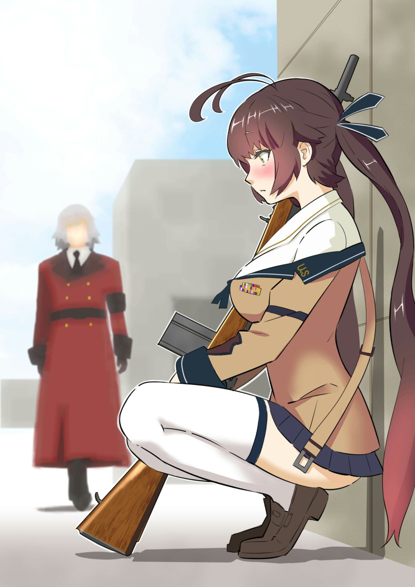 1boy, 1girl, ahoge, amehashi_(vdde3724), bangs, battle_rifle, black_skirt, blush