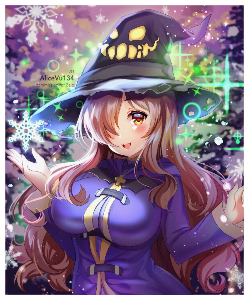 1girl, alice_vu, artist_name, black_headwear, blush, breasts, brown_eyes, brown_hair
