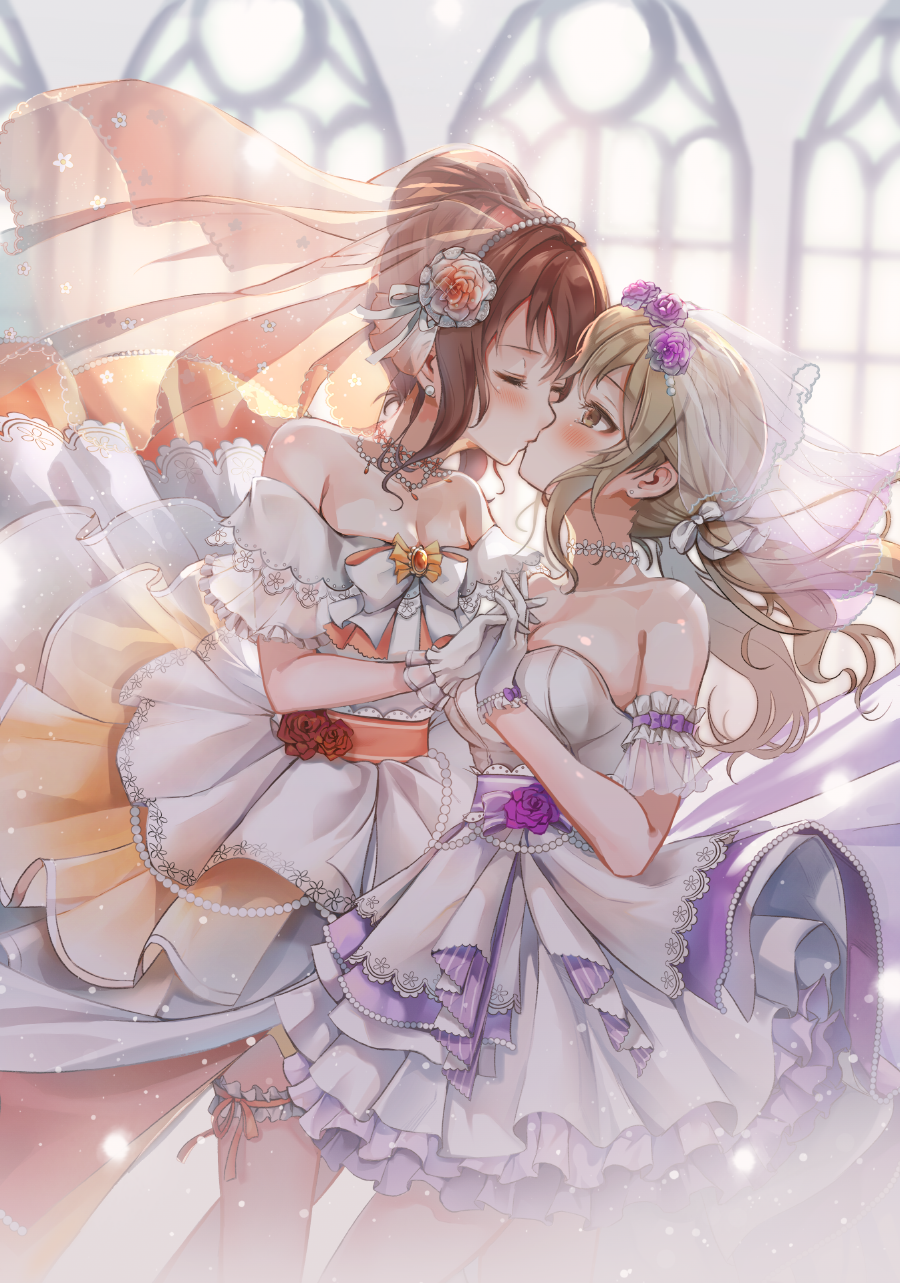 bang_dream!, bangs, blonde_hair, bow, breasts, bridal_veil, brown_hair, closed_eyes