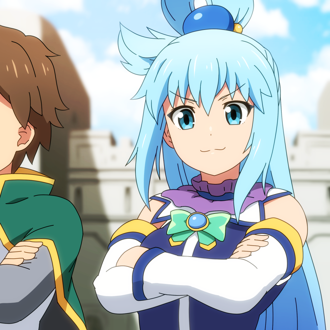 1girl, :3, anime_coloring, aqua_(konosuba), beads, blue_eyes, blue_hair, blue_sky