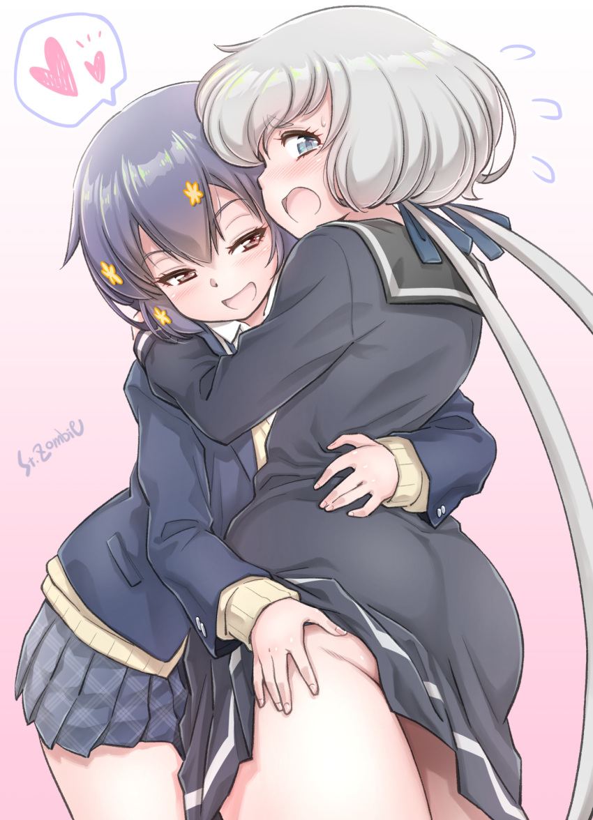 2girls, :d, arm_around_back, ass, black_dress, blazer, blue_eyes, blue_hair