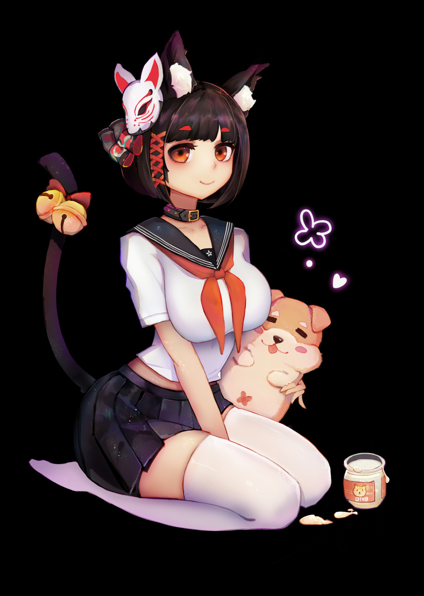 1girl, absurdres, animal_ear_fluff, animal_ears, azur_lane, bell, black_hair, cat_ears, cat_mask, cat_tail, collar, dig, highres, jianshu, kneeling, mask, mask_on_head, midriff_peek, red_eyes, school_uniform, serafuku, short_hair, solo, tail, tail_bell, thick_eyebrows, thigh-highs, white_legwear, yamashiro_(azur_lane)