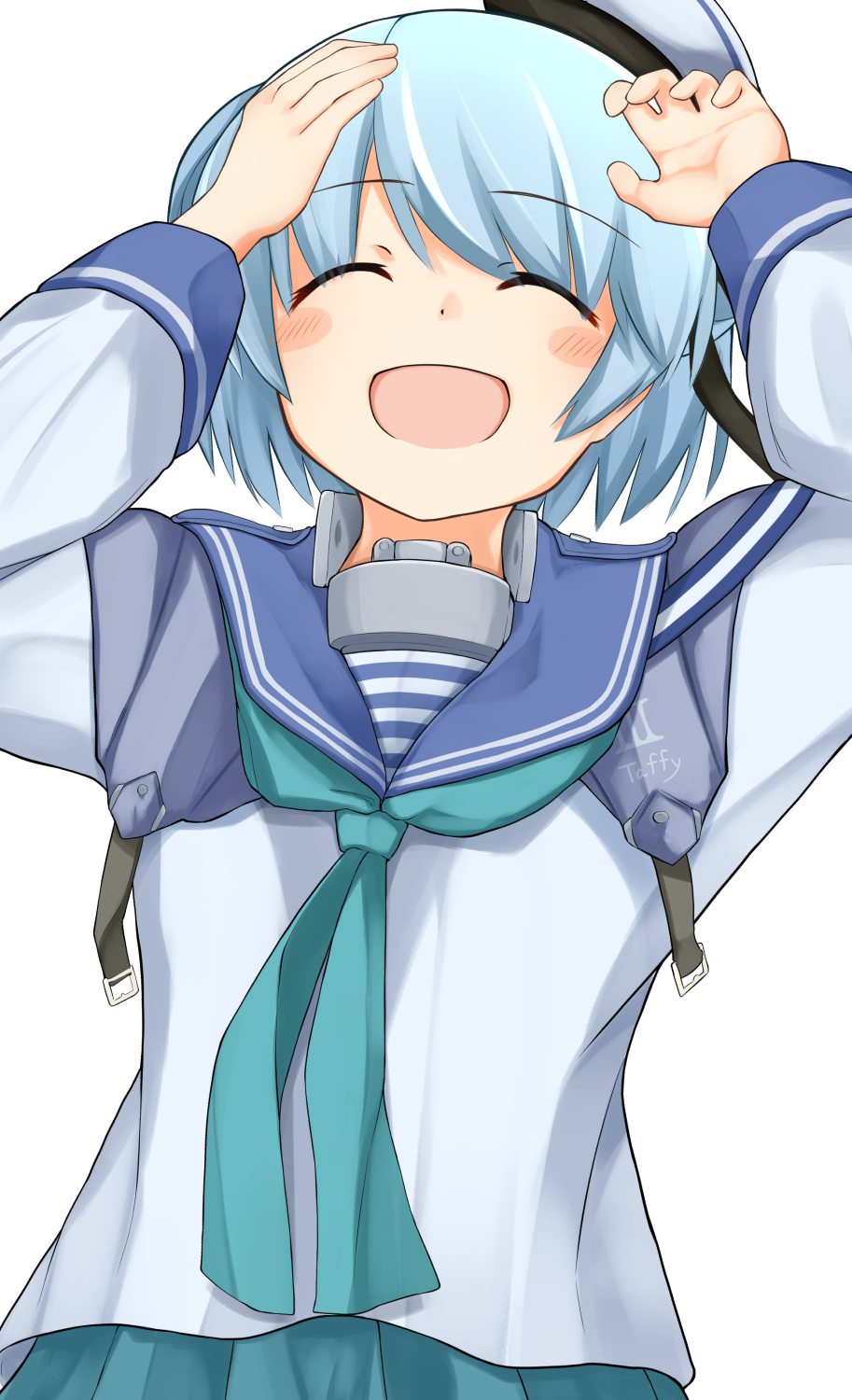 1girl, aqua_neckwear, aqua_skirt, blue_hair, blue_sailor_collar, blush_stickers, closed_eyes, double_bun