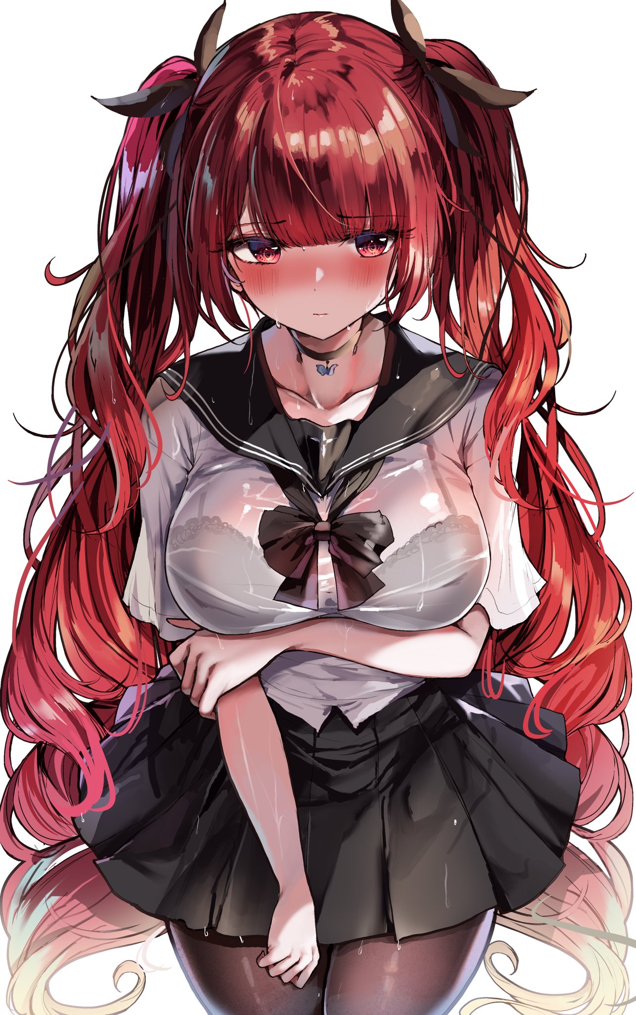 1girl, arm_under_breasts, azur_lane, bangs, black_legwear, black_neckwear, black_ribbon, black_skirt