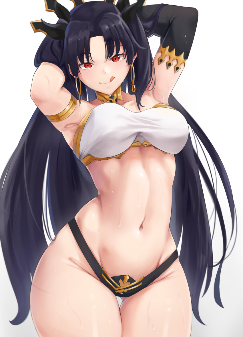 1girl, absurdres, armlet, asymmetrical_sleeves, bangs, black_bikini_bottom, black_hair, blush
