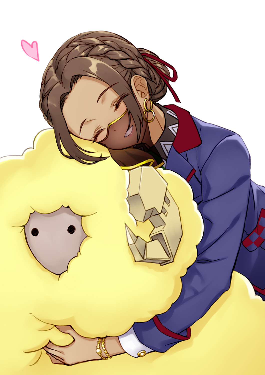 1girl, ^_^, braid, brown_hair, closed_eyes, dark_skin, dumuzid_(fate), earrings, fate/grand_order, fate_(series), grin, heart, highres, hug, jewelry, mask, matsuryuu, see-through, siduri_(fate/grand_order), smile, uniform