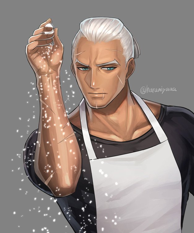 1boy, apron, blue_eyes, dark_skin, dedue_molinaro, fire_emblem, fire_emblem:_three_houses, grey_background