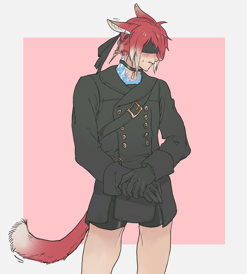 1boy, animal_ears, belt, black_shorts, blindfold, blush, cat_ears, cat_tail