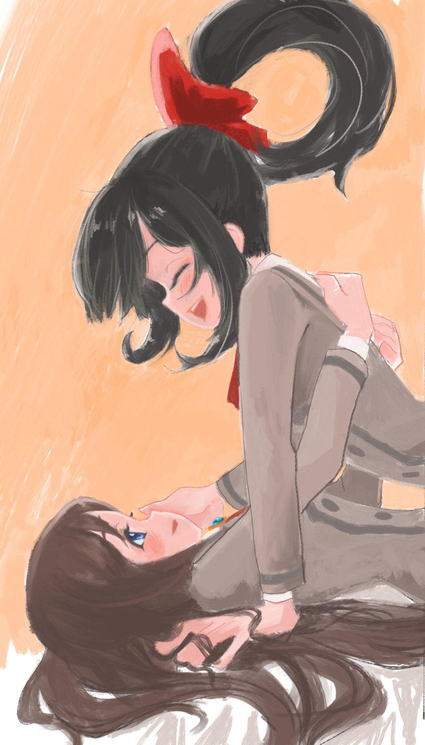2girls, akanesasu_shoujo, black_hair, blue_eyes, blush, bow, brown_hair, cardigan