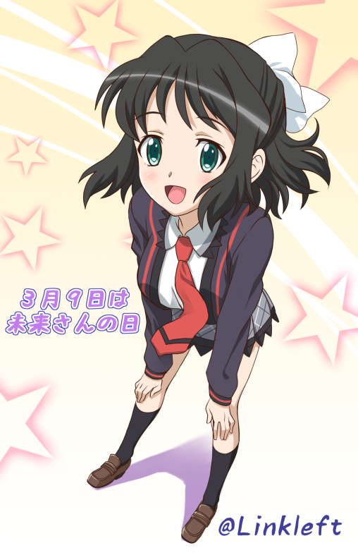 1girl, black_hair, blush, bow, breasts, commentary_request, green_eyes, hair_bow