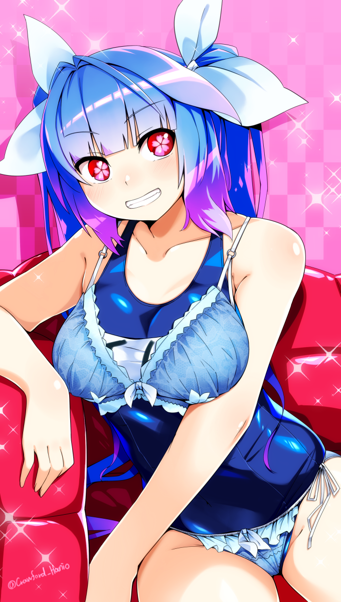 1girl, blue_bra, blue_hair, blue_panties, bra, breasts, collarbone, commentary_request