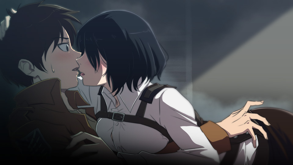 1boy, 1girl, black_eyes, black_hair, breasts, commentary_request, emblem, eren_yeager