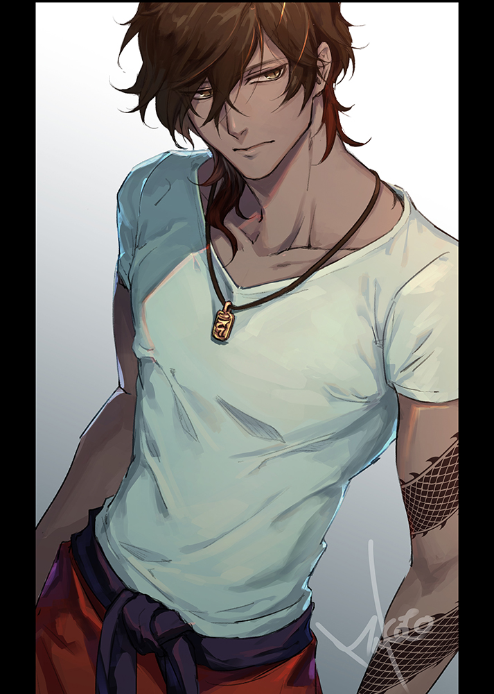 1boy, arm_tattoo, bangs, brown_hair, closed_mouth, dark_skin, dark_skinned_male, gradient