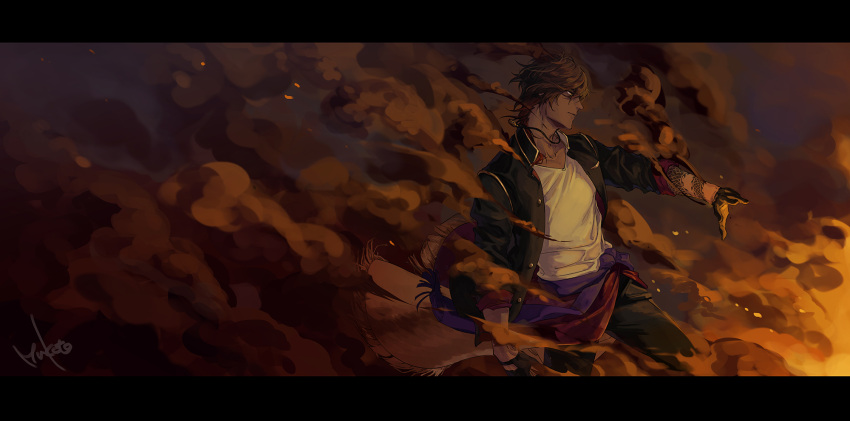 1boy, arm_tattoo, black_gloves, black_hair, black_pants, brown_hair, clenched_hand, clothes_around_waist