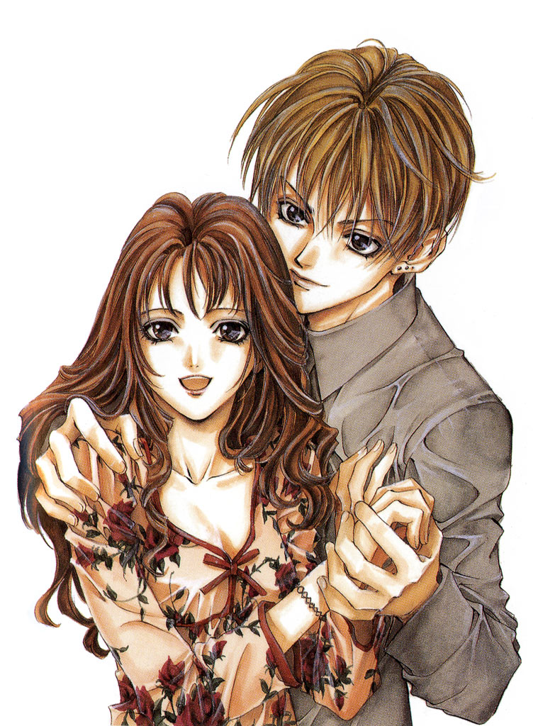 1girl, angel_sanctuary, artbook, blonde_hair, brother_and_sister, brown_eyes, brown_hair, couple, earrings, hand_holding, holding_hands, jewelry, long_hair, lost_angel, mudou_sara, mudou_setsuna, shirt, siblings, yuki_kaori